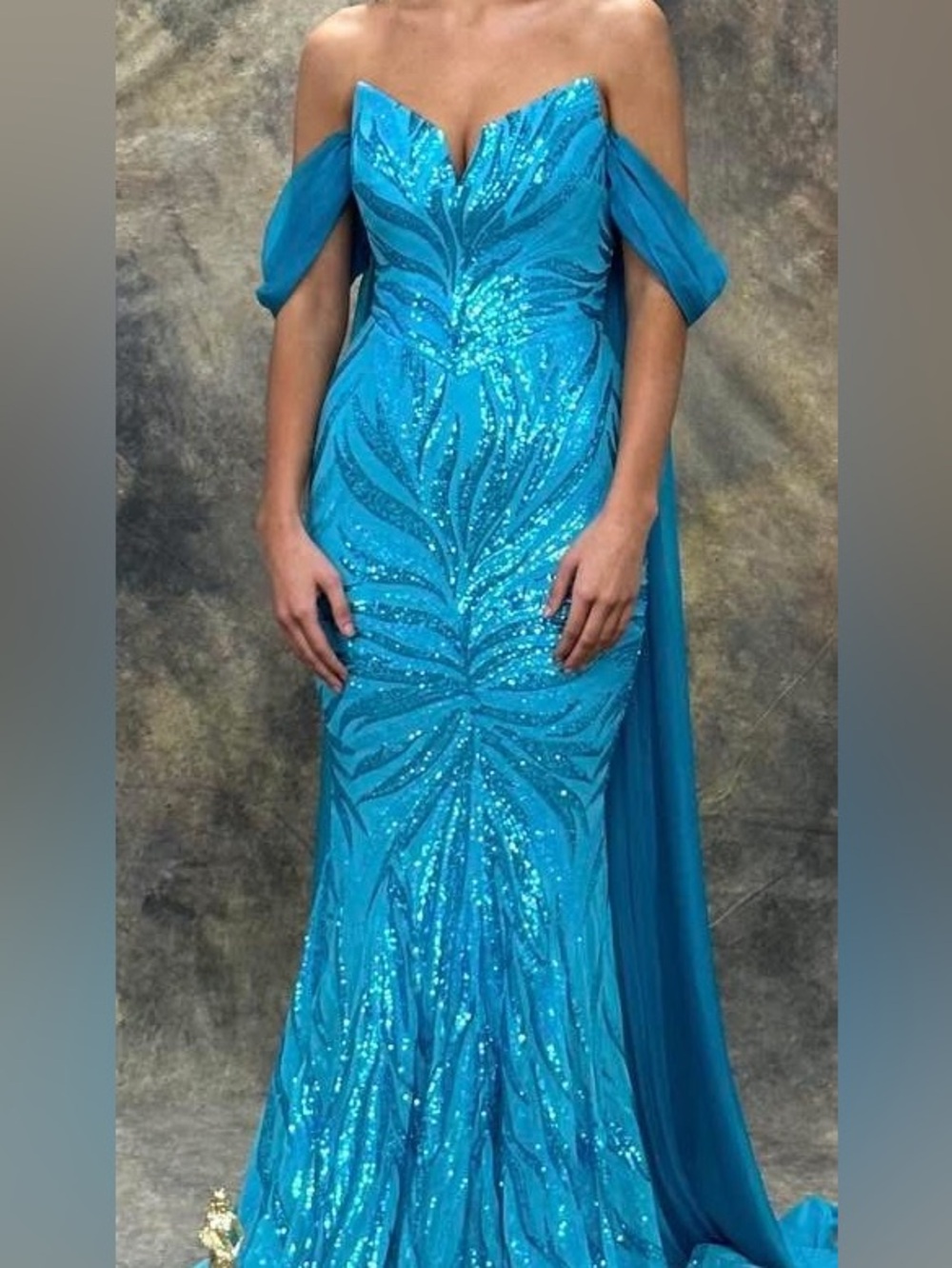 Portia and Scarlett Turquoise Sequin Off-Shoulder Prom/ pageant  Gown